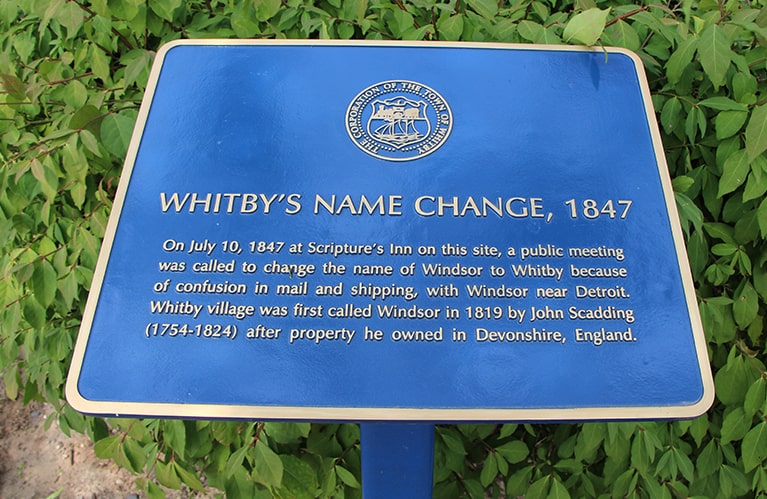 Photo of a plaque entitled "Whitby's Name Change, 1874"