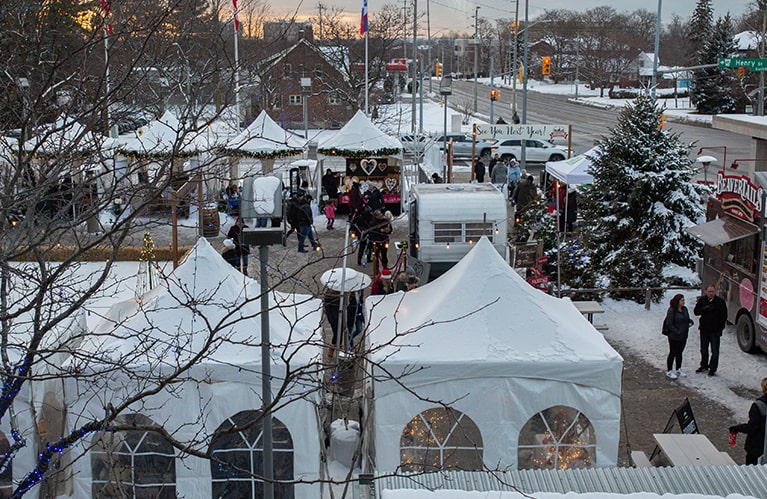 An aerial video of a winter event in Whitby